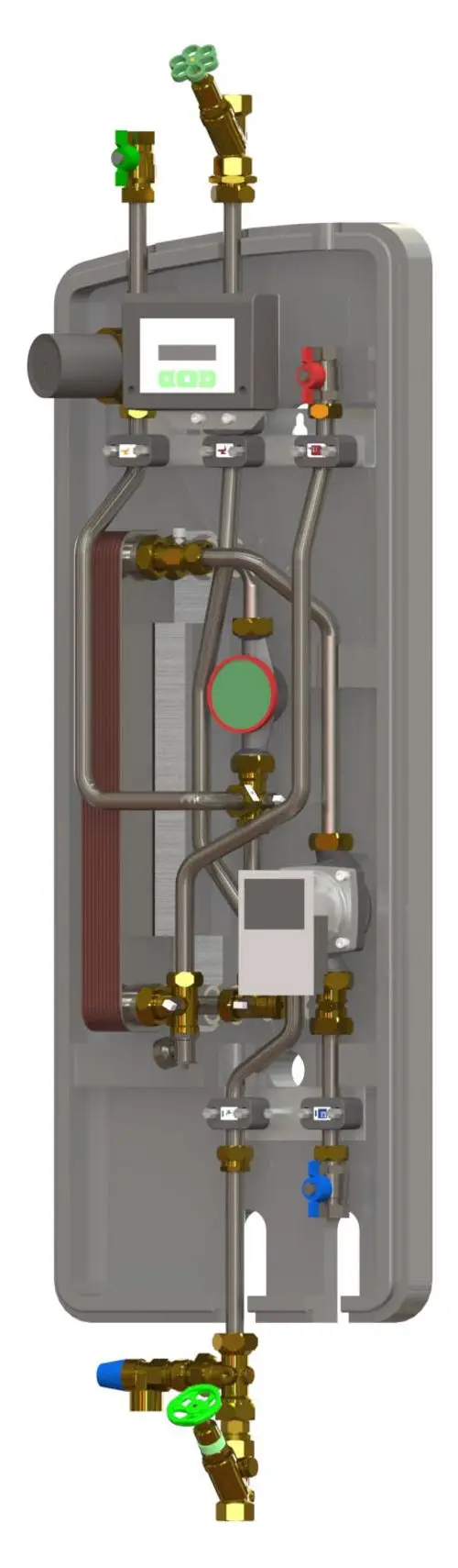 Schematische Darstellung eines Heizungsmoduls mit Rohren, Ventilen und einem Display zur Steuerung der Heizungsanlage.